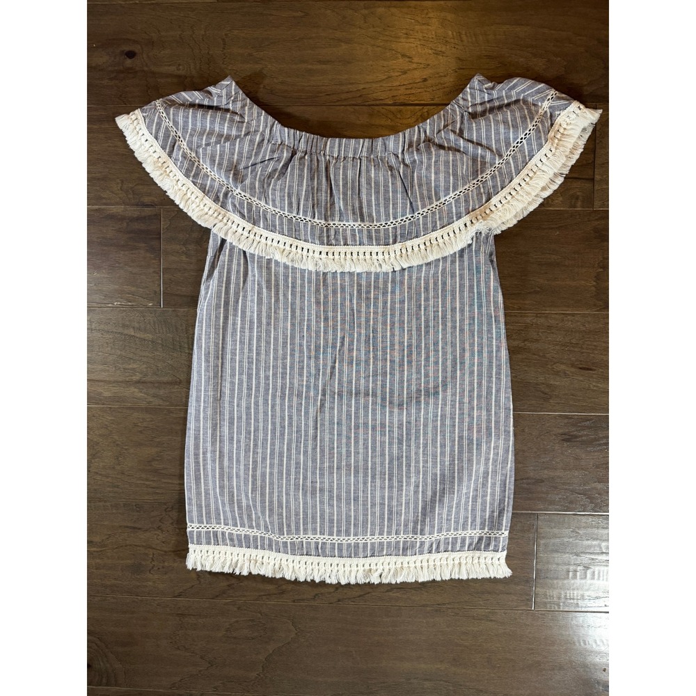 1.STATE Womens Blue White Striped Linen Cotton Off Shoulder Fringe Top Medium